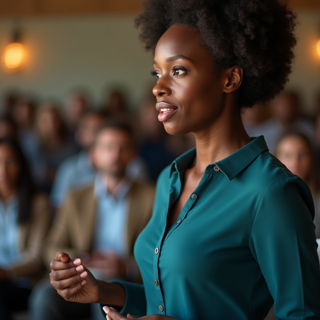 Close-up portrait of a workshop facilitator speaking to a group, mid-sentence, with a calm and attentive expression