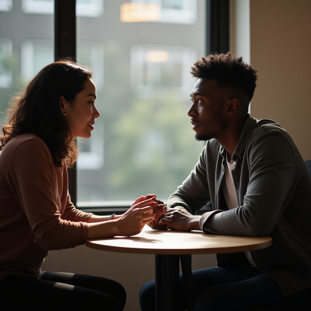 A team lead sitting across from a colleague in a quiet conversation, listening with attentive body language