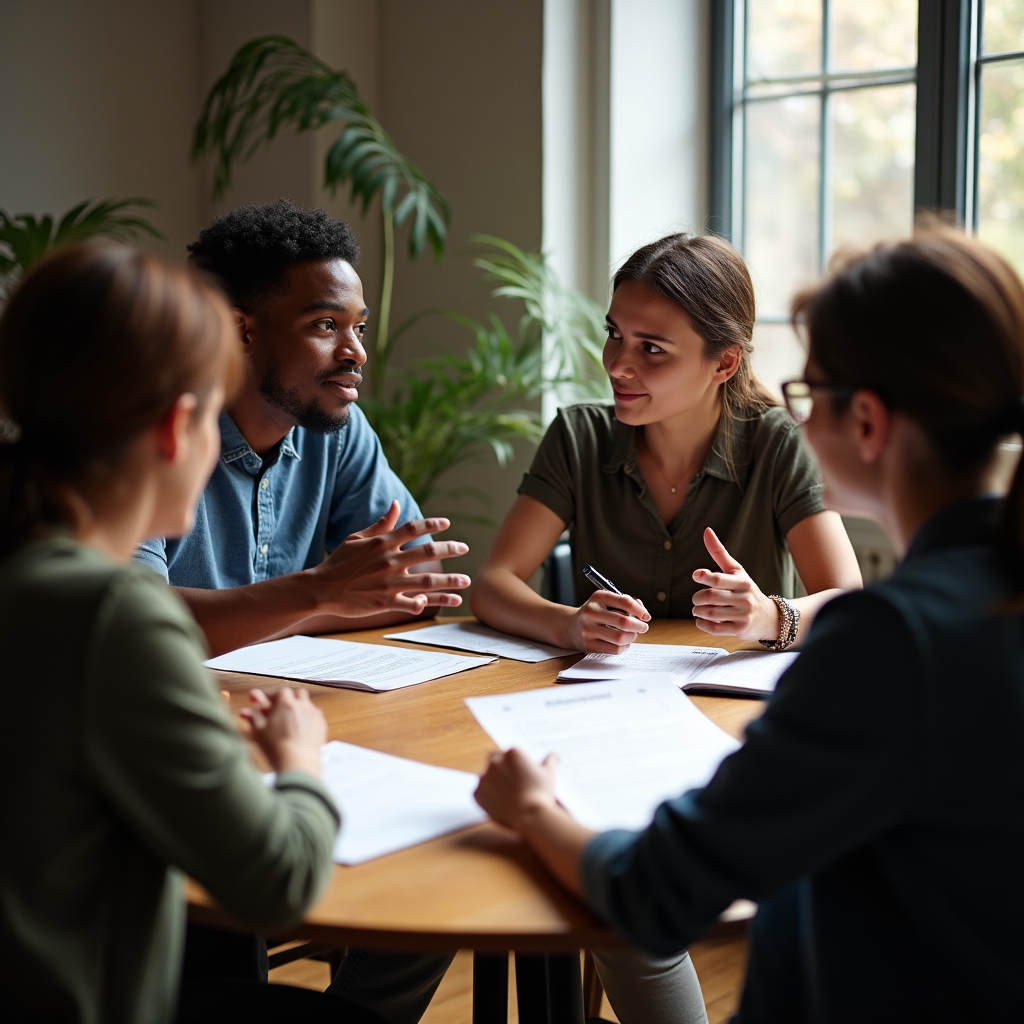 Small group of four team leads discussing notes together at a round table during a breakout exercise