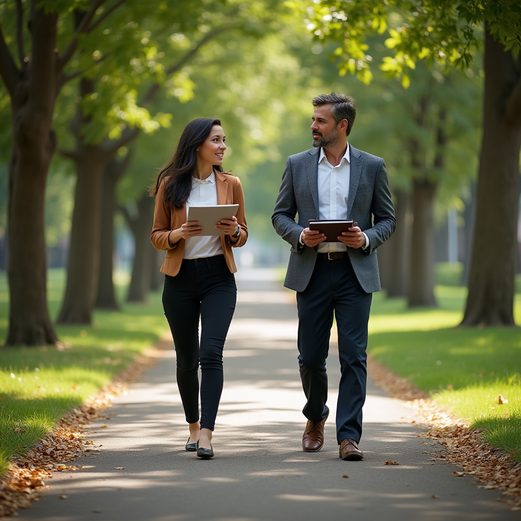 Two colleagues walking outdoors together during a walking meeting, holding notebooks