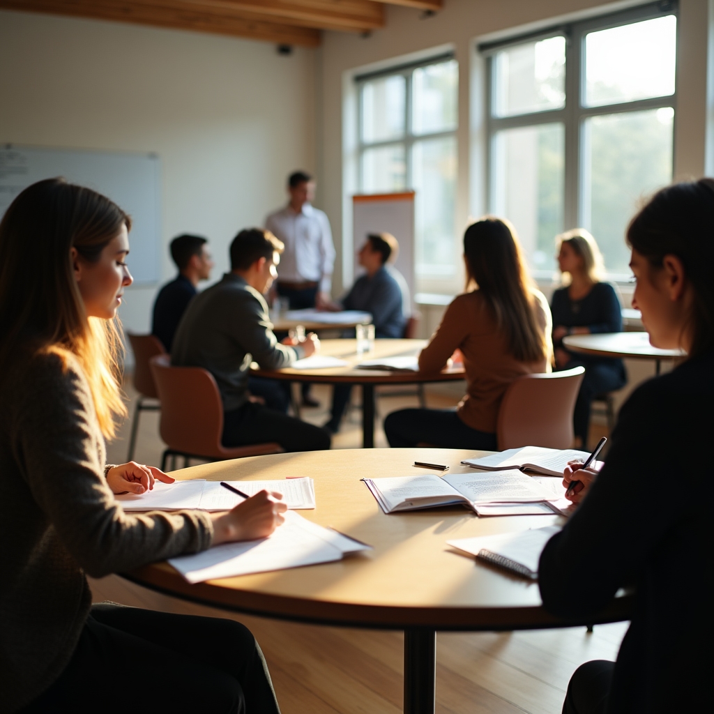 Wide view of a workshop classroom with team leads seated in small groups around tables, discussing worksheets